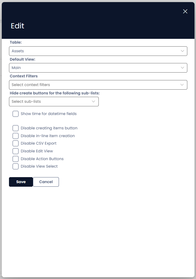 A screenshot demonstrating what the side panel looks like. For example, this sidepanel has the title &quot;Edit&quot;, and several fields including &quot;Part of Module&quot;, &quot;Table&quot;, &quot;Default View&quot;, and several checkboxes which will be discussed in more detail in the next section.